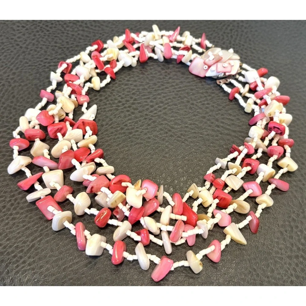 Vintage 5 Multi Strand Mother Of Pearl Chip Chunky Spring Summer Boho Necklace
